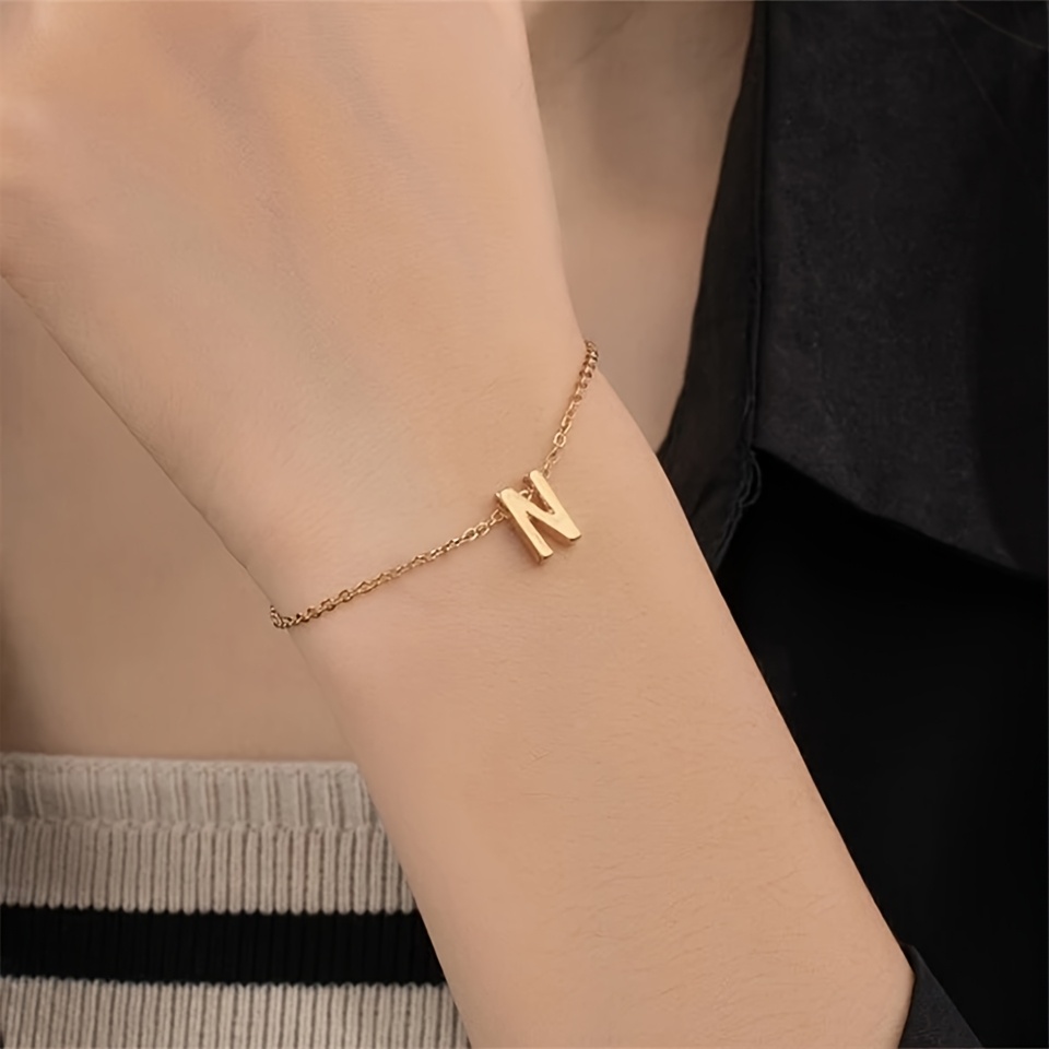 Golden Tone Stainless Steel Alphabet Bracelet Women Initial Charm Chain Link